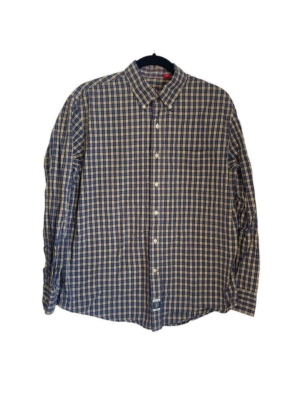 IZOD Men's Blue Yellow Plaid Cotton Casual Button Down Dress Shirt Size …